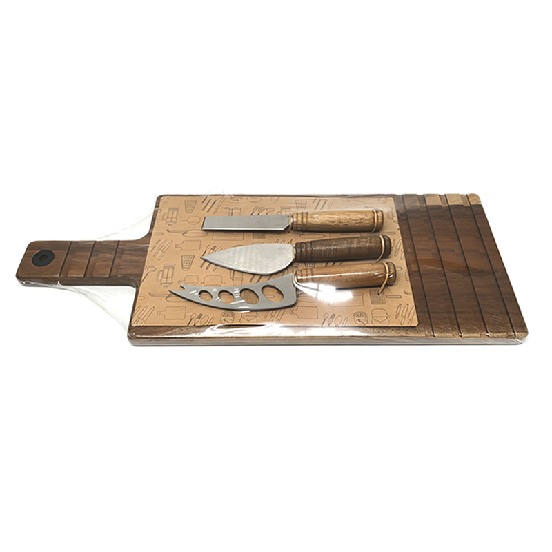 Wooden cheese board with knifes