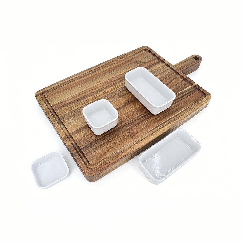 Wooden serving platter with ceramic bowls
