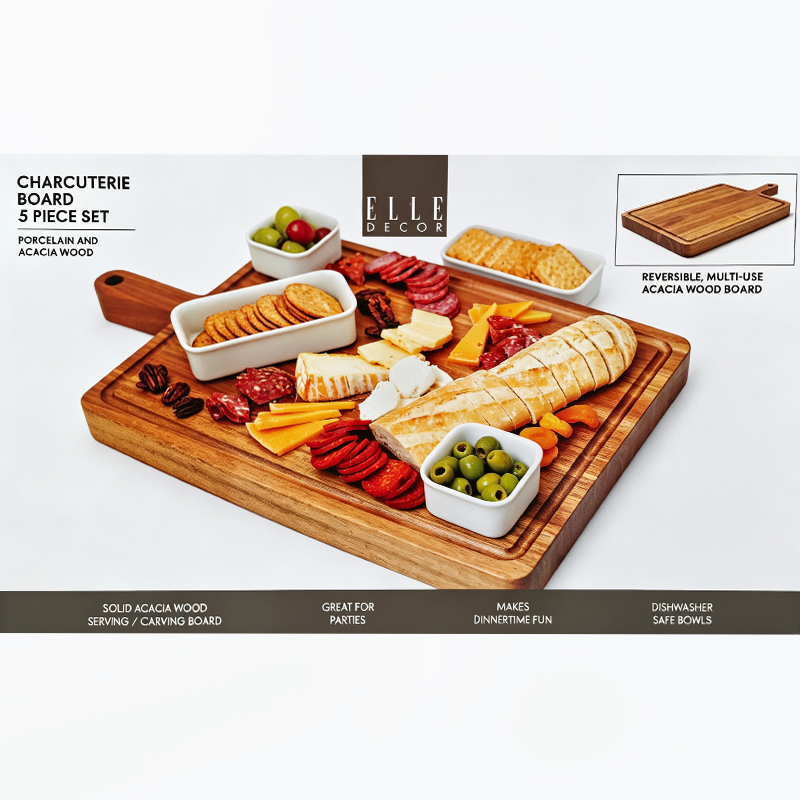 Wooden serving platter with ceramic bowls