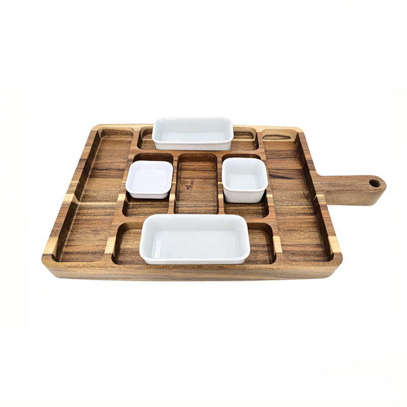 Wooden serving platter with ceramic bowls