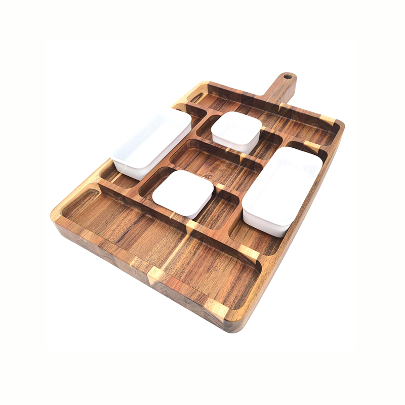 Wooden serving platter with ceramic bowls