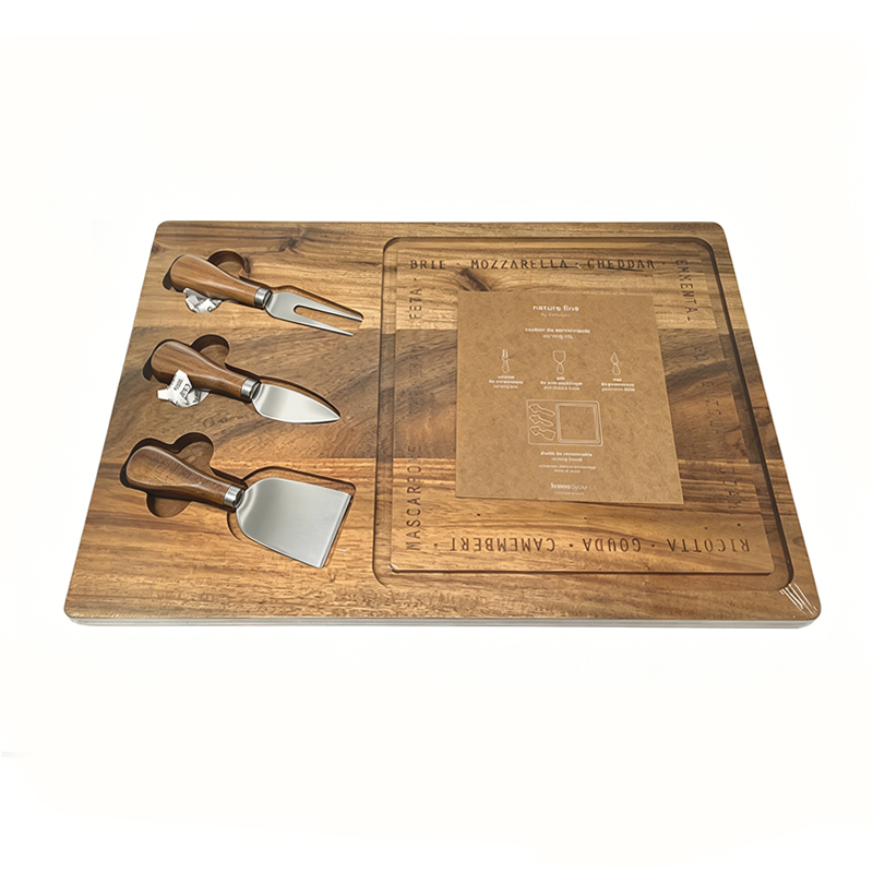 Wooden cheese board with knifes