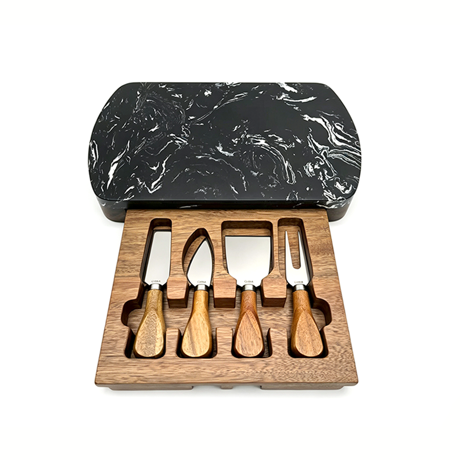 Black Marble Cheese Board Set with Knives