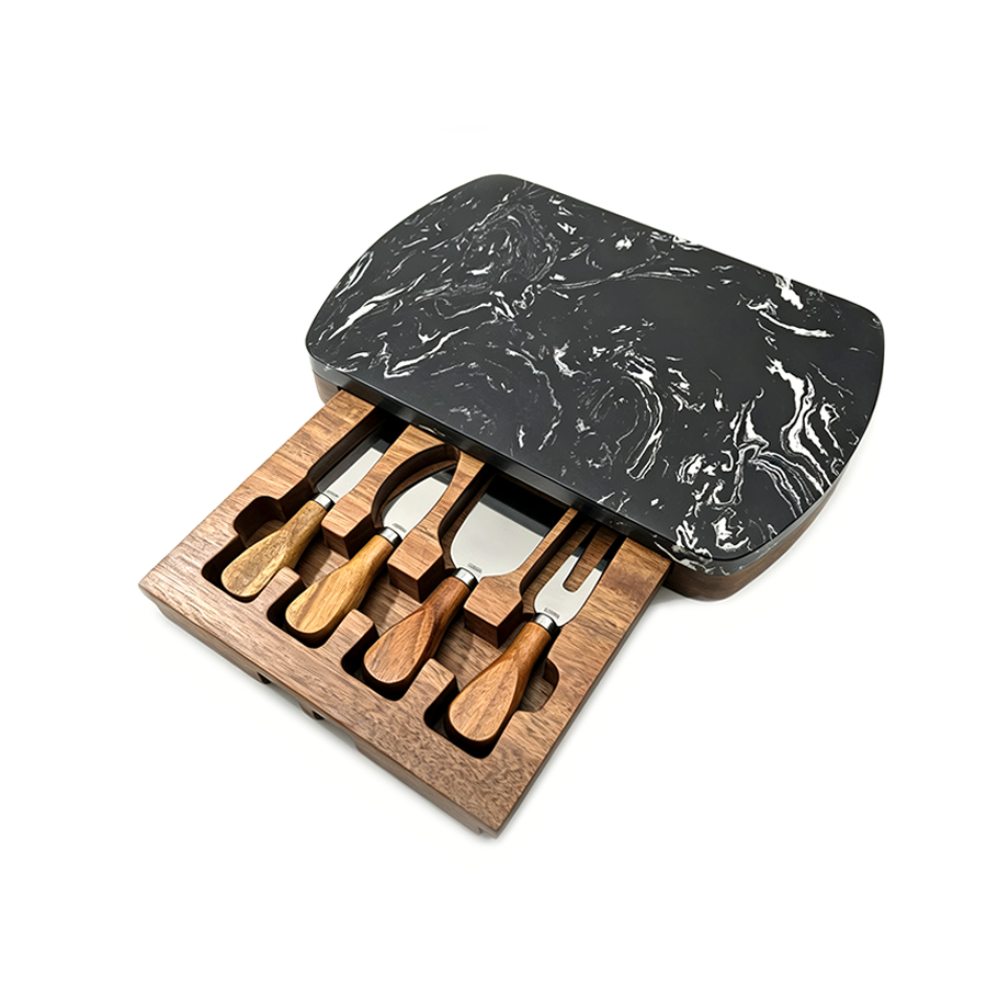 Black Marble Cheese Board Set with Knives